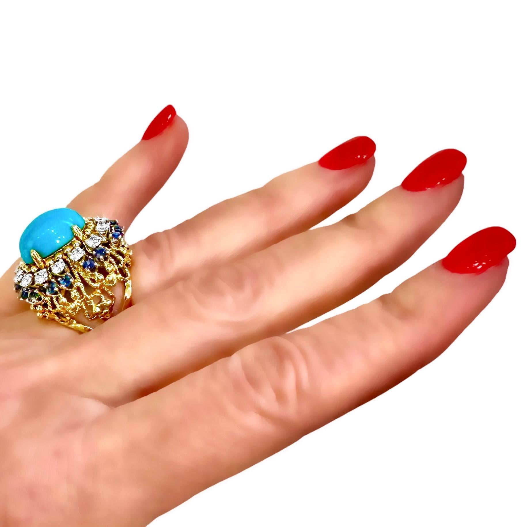 18K Yellow Gold, Turquoise, Sapphire and Diamond 1960's Cocktail Ring For Sale 8
