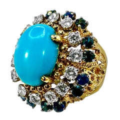 18K Yellow Gold, Turquoise, Sapphire and Diamond 1960's Cocktail Ring