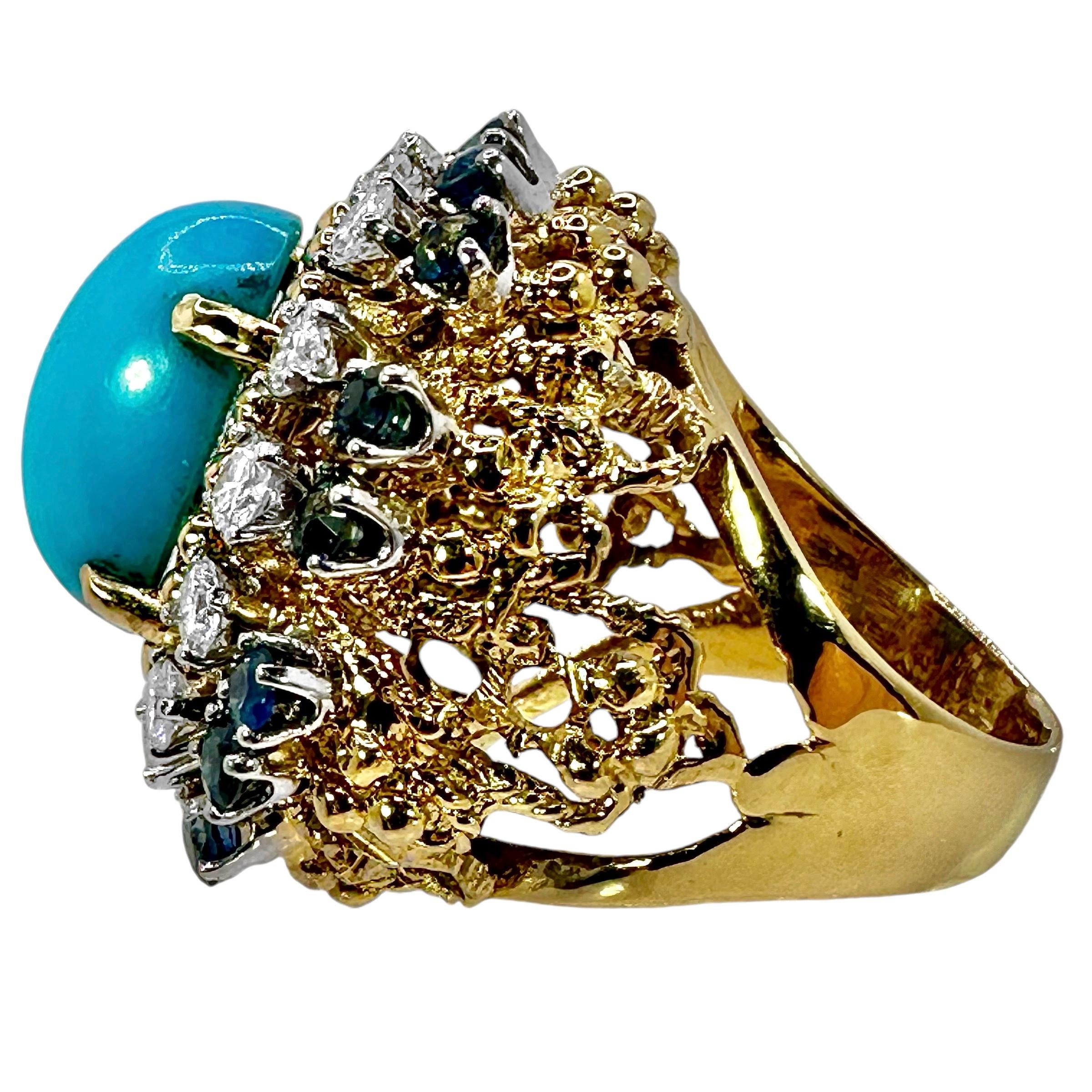 Modern 18K Yellow Gold, Turquoise, Sapphire and Diamond 1960's Cocktail Ring For Sale