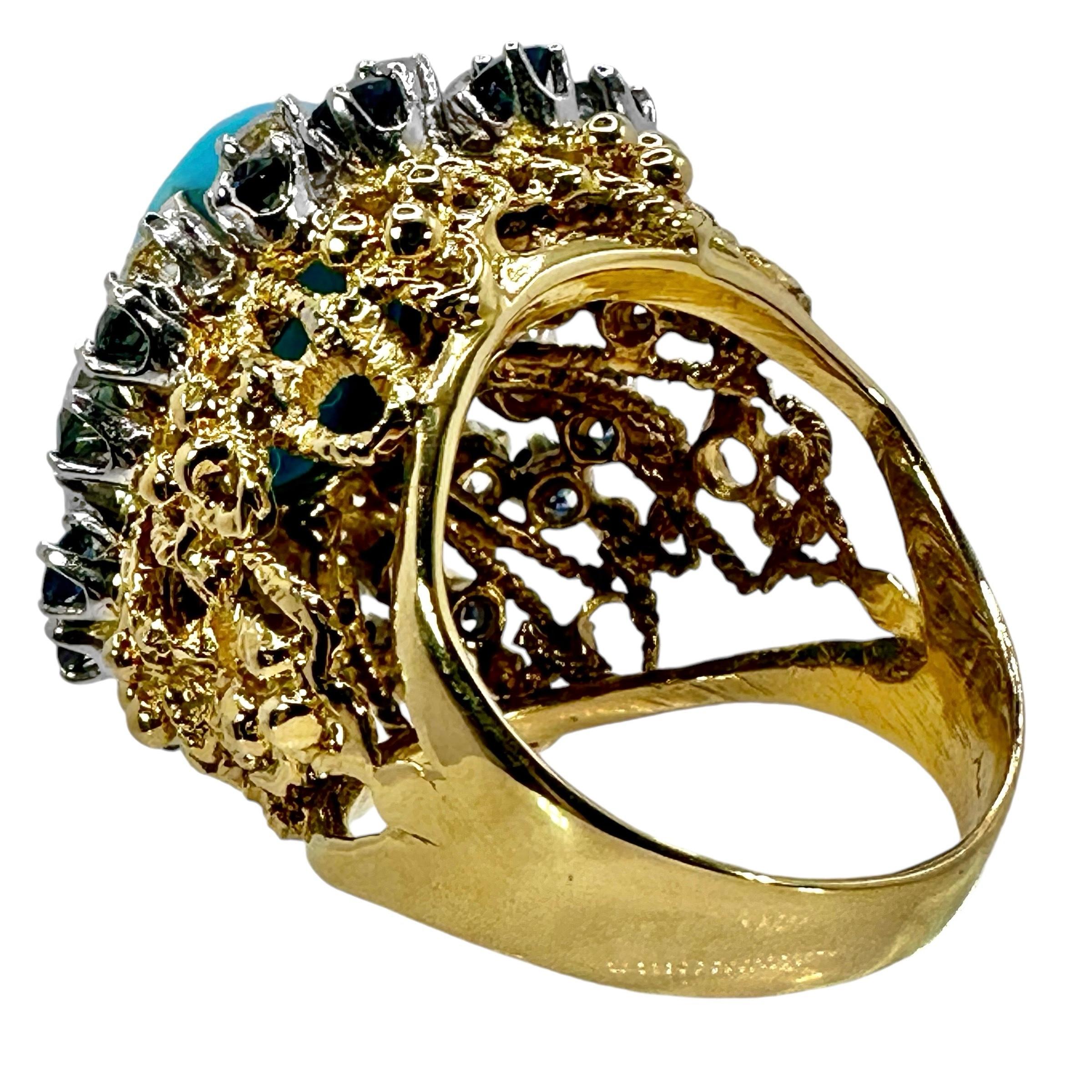 Brilliant Cut 18K Yellow Gold, Turquoise, Sapphire and Diamond 1960's Cocktail Ring For Sale