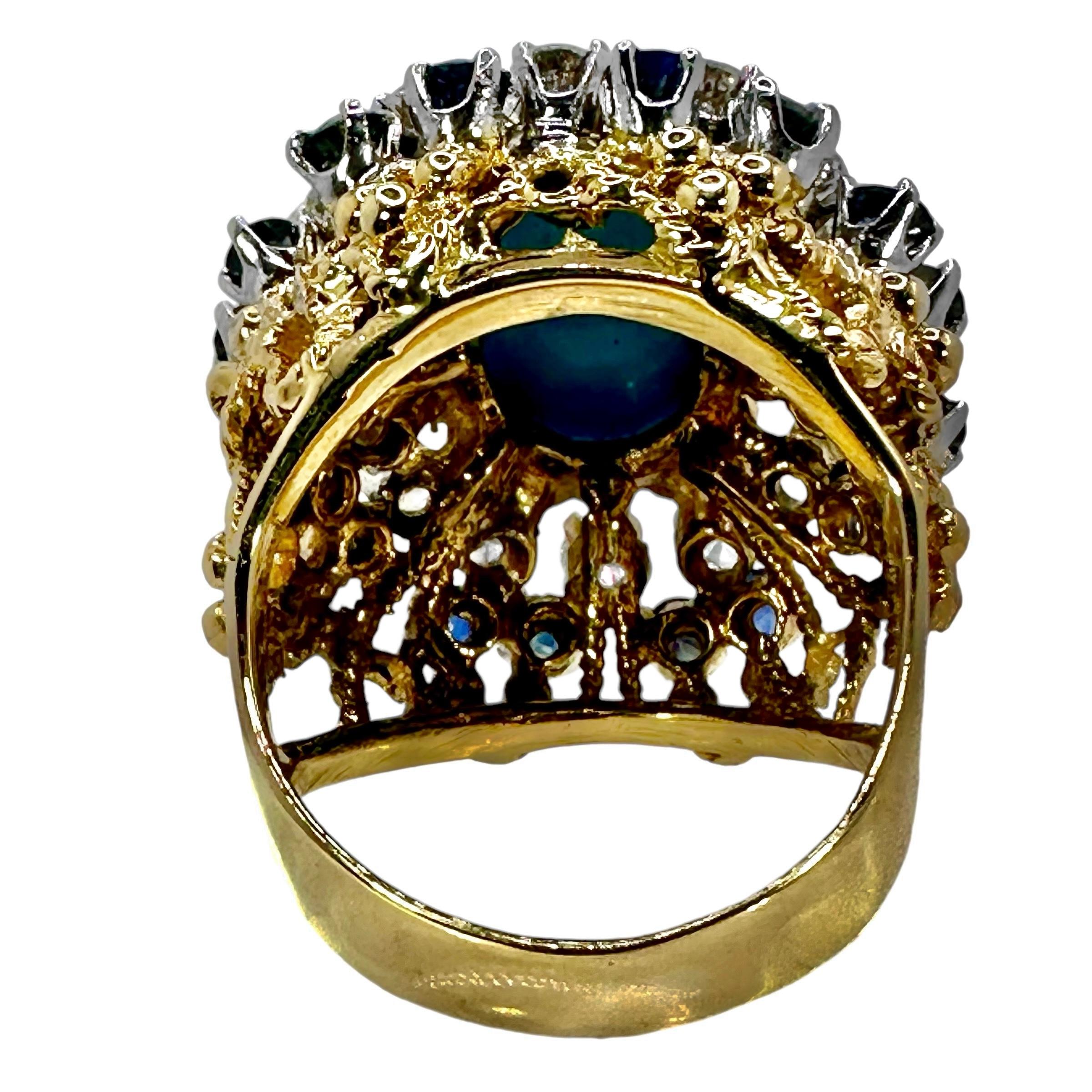 18K Yellow Gold, Turquoise, Sapphire and Diamond 1960's Cocktail Ring In Good Condition For Sale In Palm Beach, FL