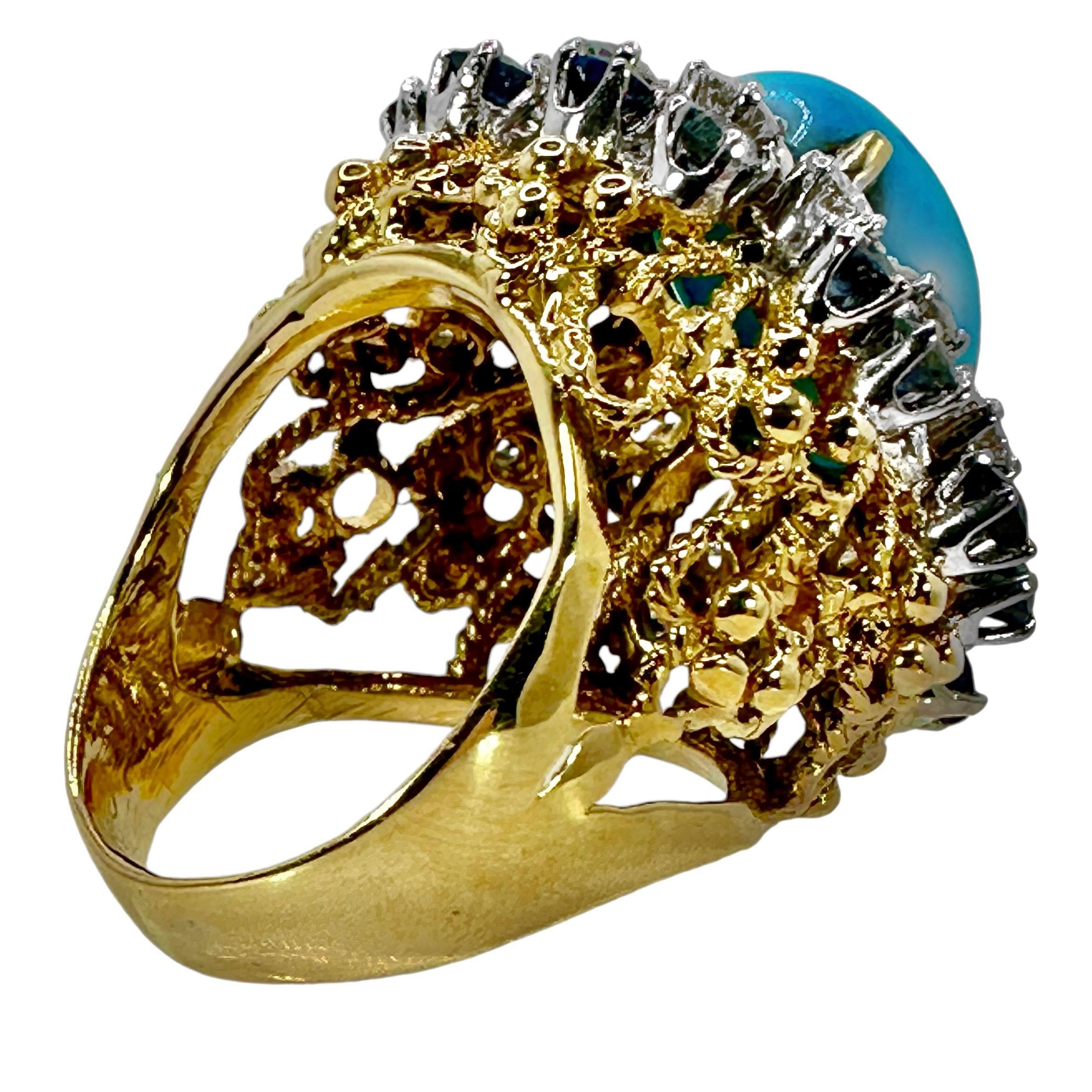 Women's 18K Yellow Gold, Turquoise, Sapphire and Diamond 1960's Cocktail Ring For Sale