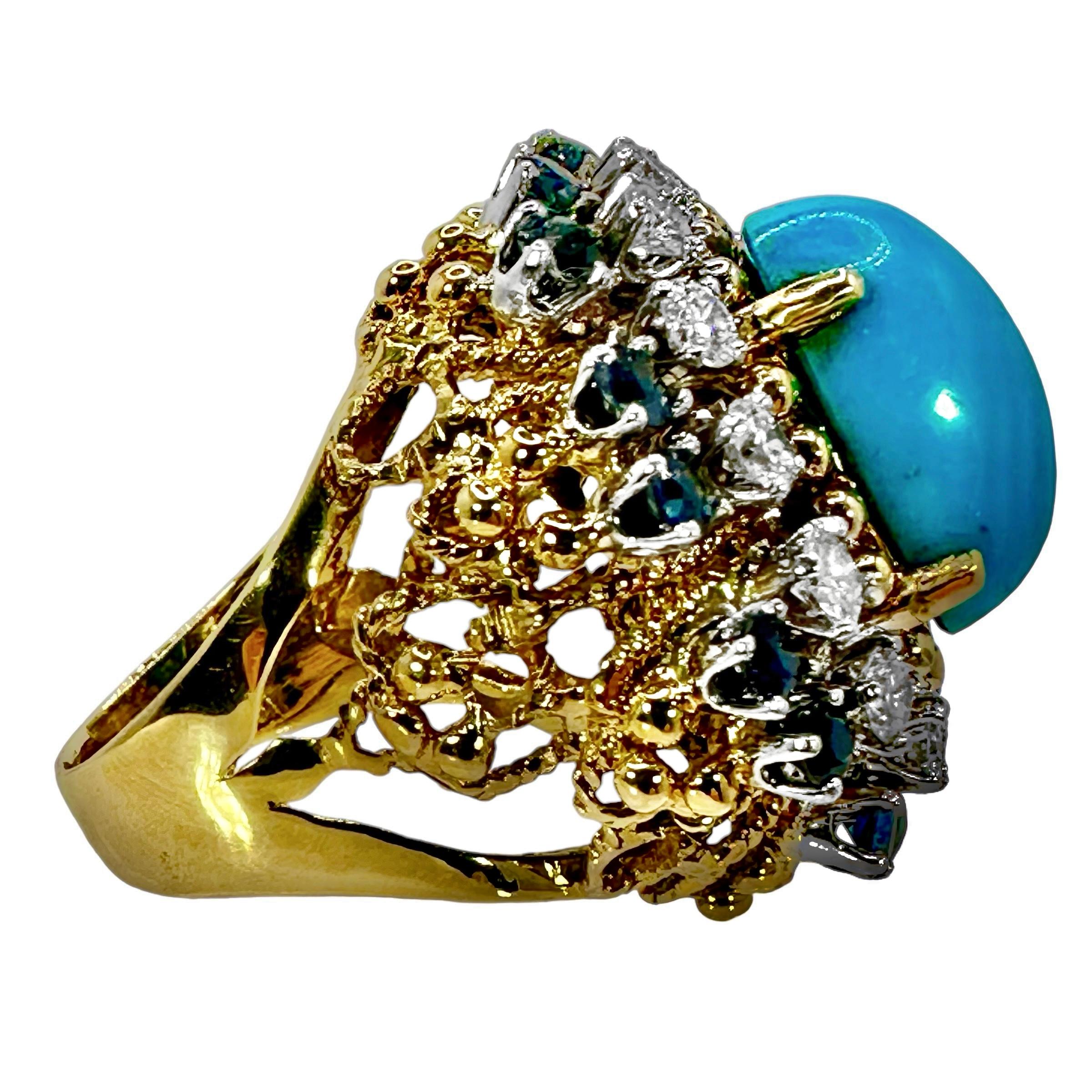 18K Yellow Gold, Turquoise, Sapphire and Diamond 1960's Cocktail Ring For Sale 1