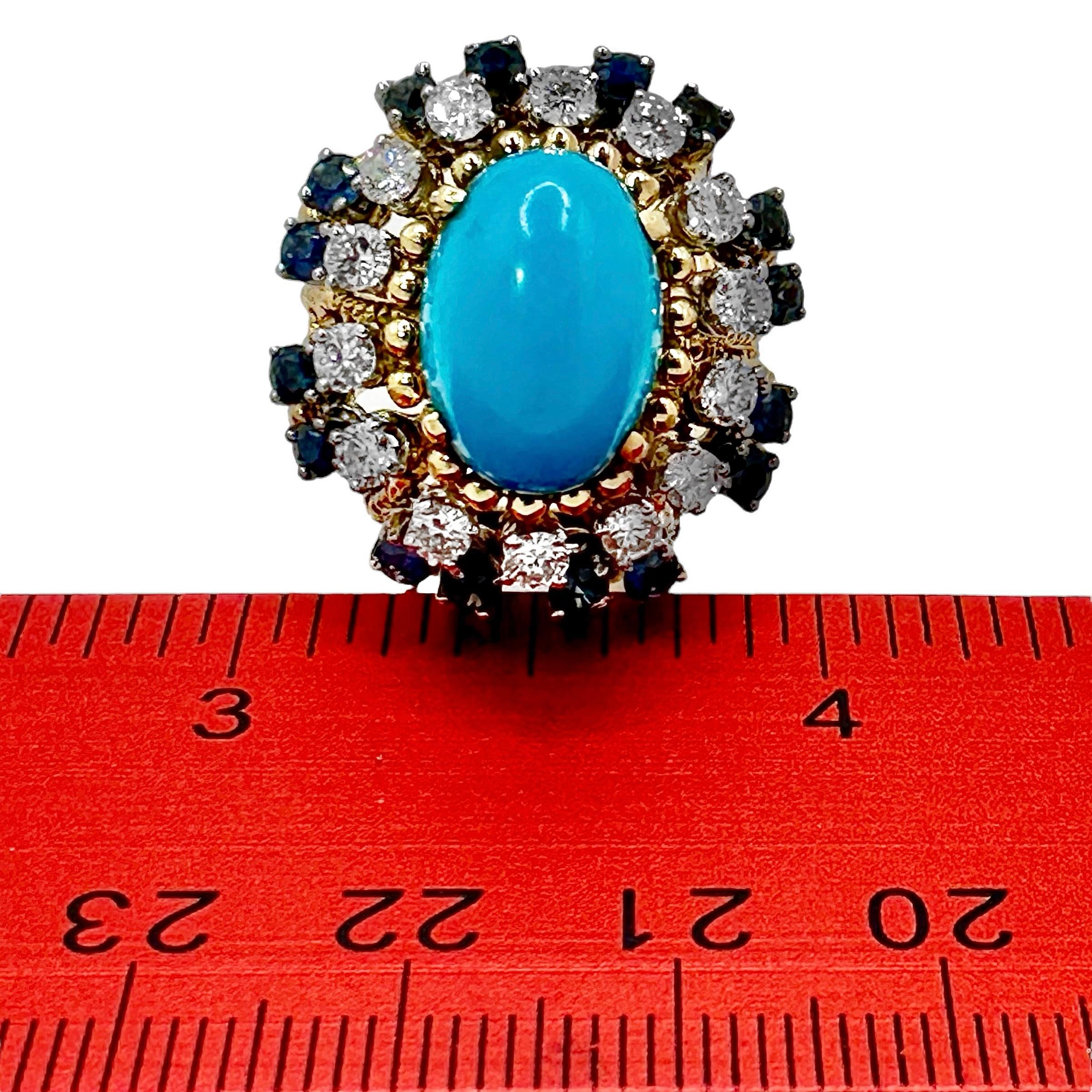 18K Yellow Gold, Turquoise, Sapphire and Diamond 1960's Cocktail Ring For Sale 3