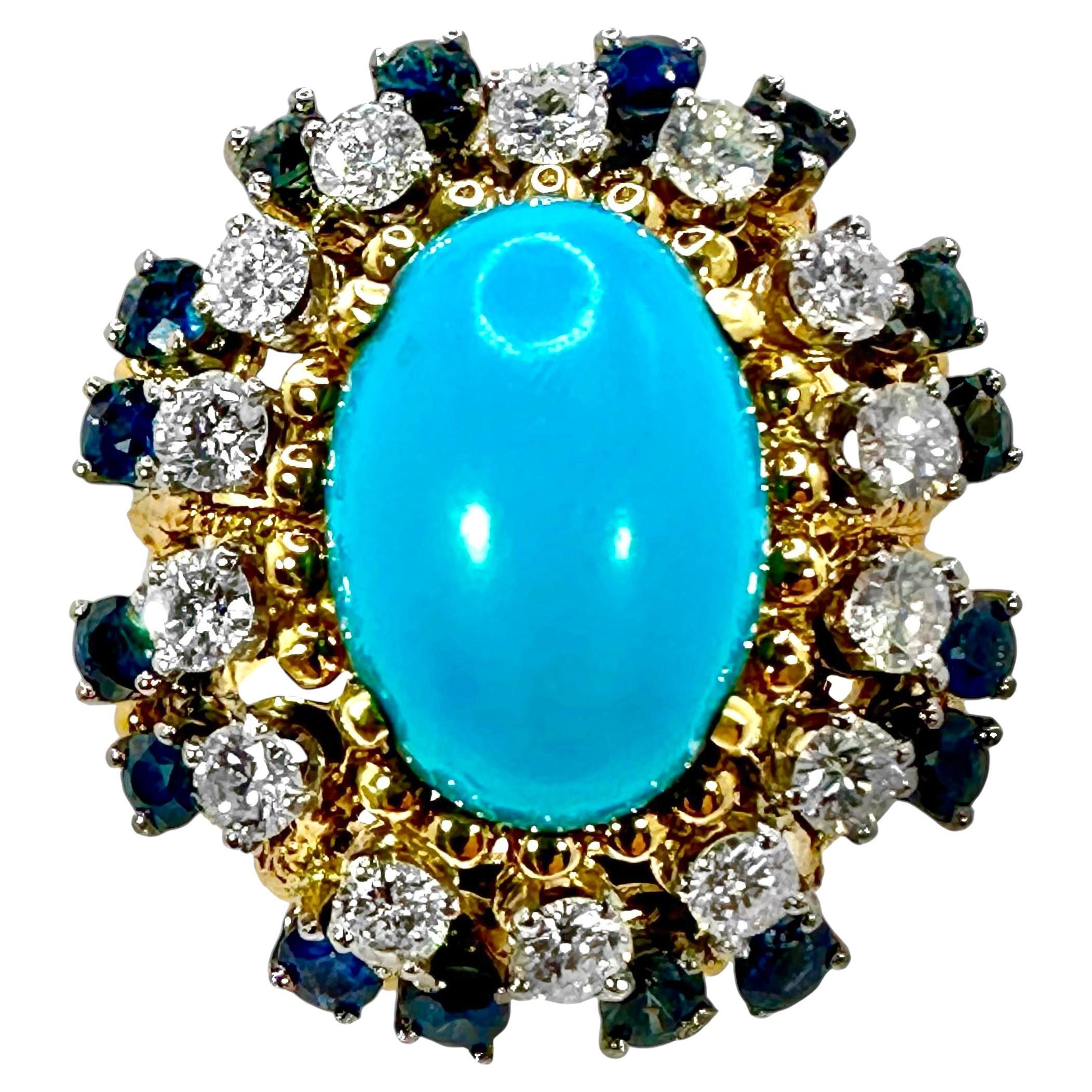 18K Yellow Gold, Turquoise, Sapphire and Diamond 1960's Cocktail Ring