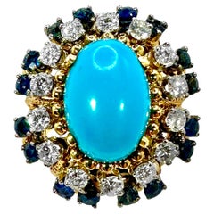 18K Yellow Gold, Turquoise, Sapphire and Diamond 1960's Cocktail Ring