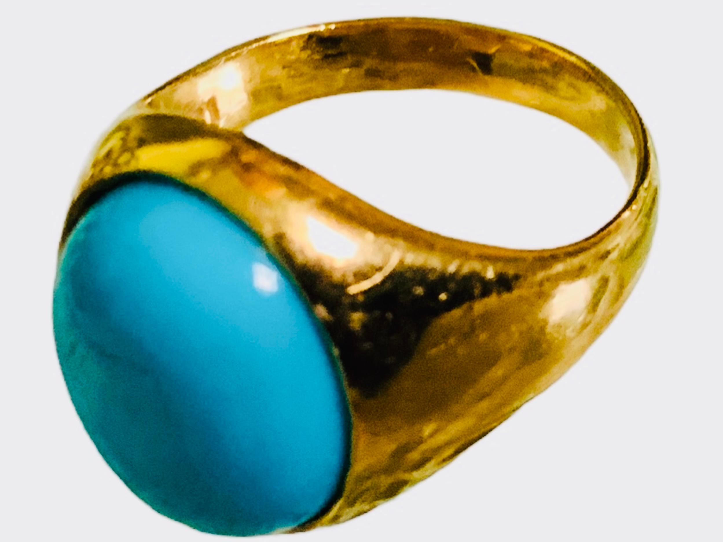 Women's or Men's  18K Yellow Gold Turquoise Signet Ring For Sale