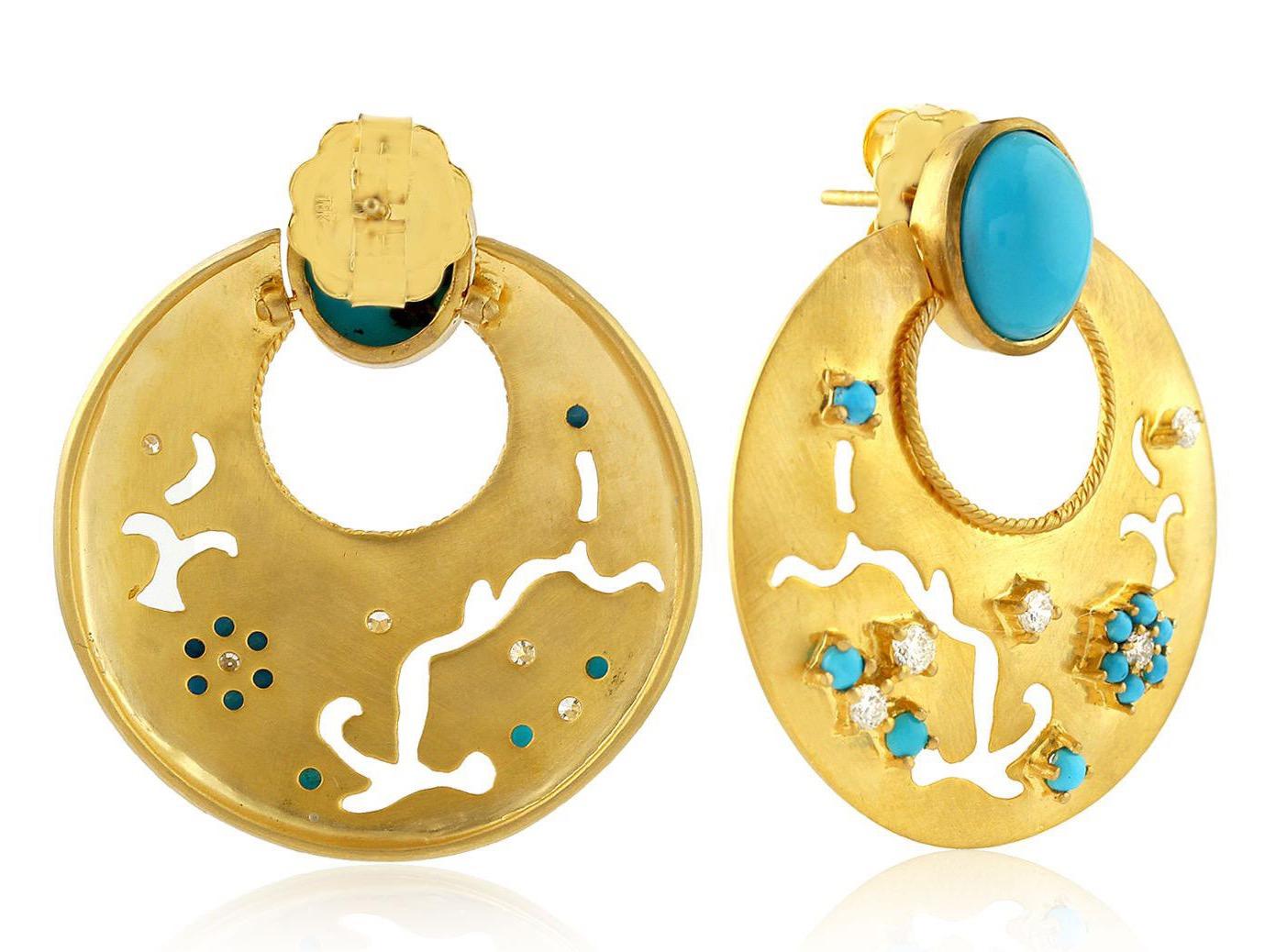 Contemporary 18 Karat Yellow Gold Turquoise Veil Diamond Earrings For Sale