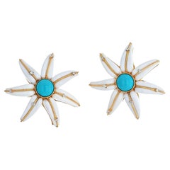 18K Yellow Gold Turquoise, White Agate Flower Starfish Earrings