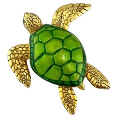 18K Yellow Gold Turtle Brooch with Green Enamel Shell