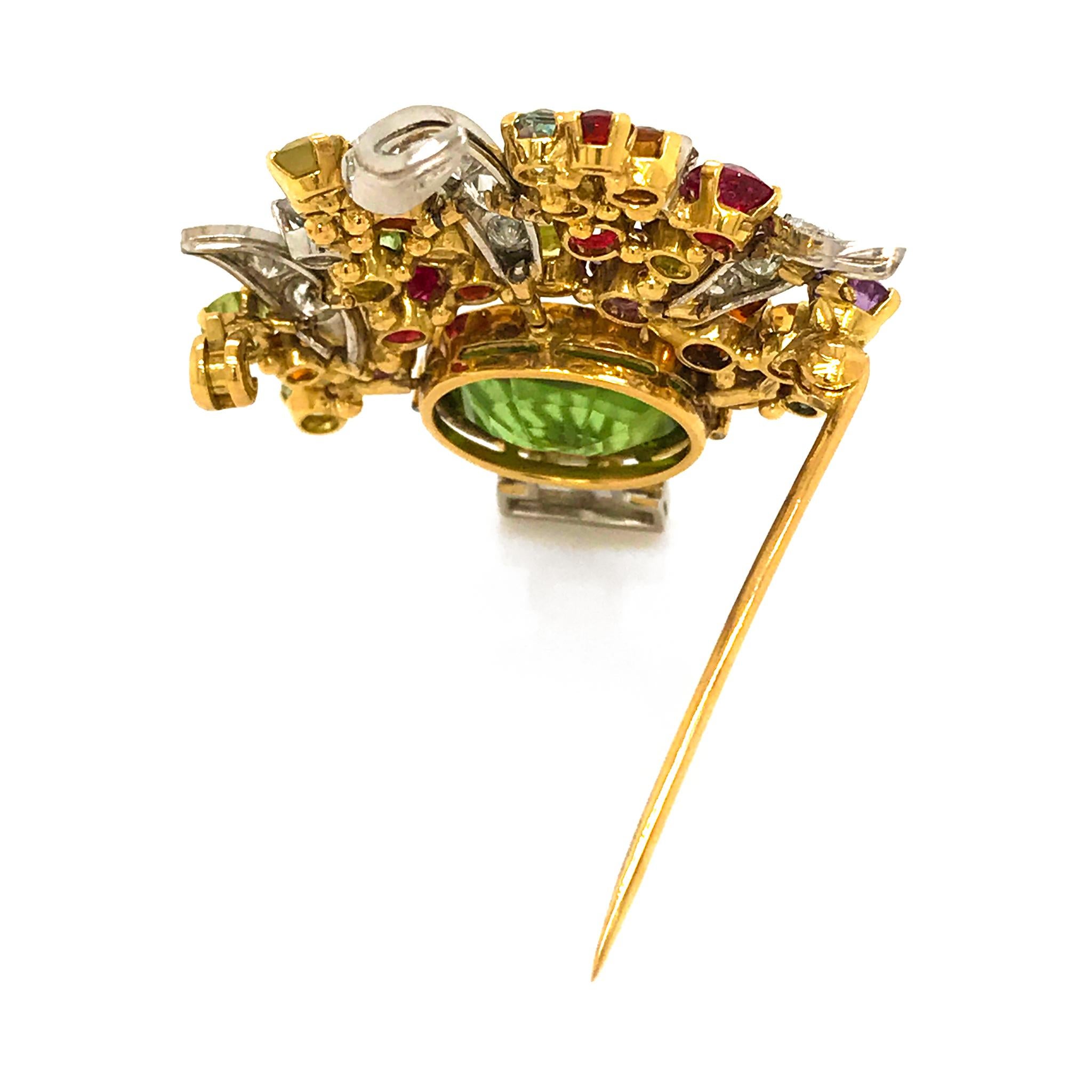 Women's or Men's 18 Karat Yellow Gold Tutti Fruti Bouquet Multicolored Gemstones Brooch