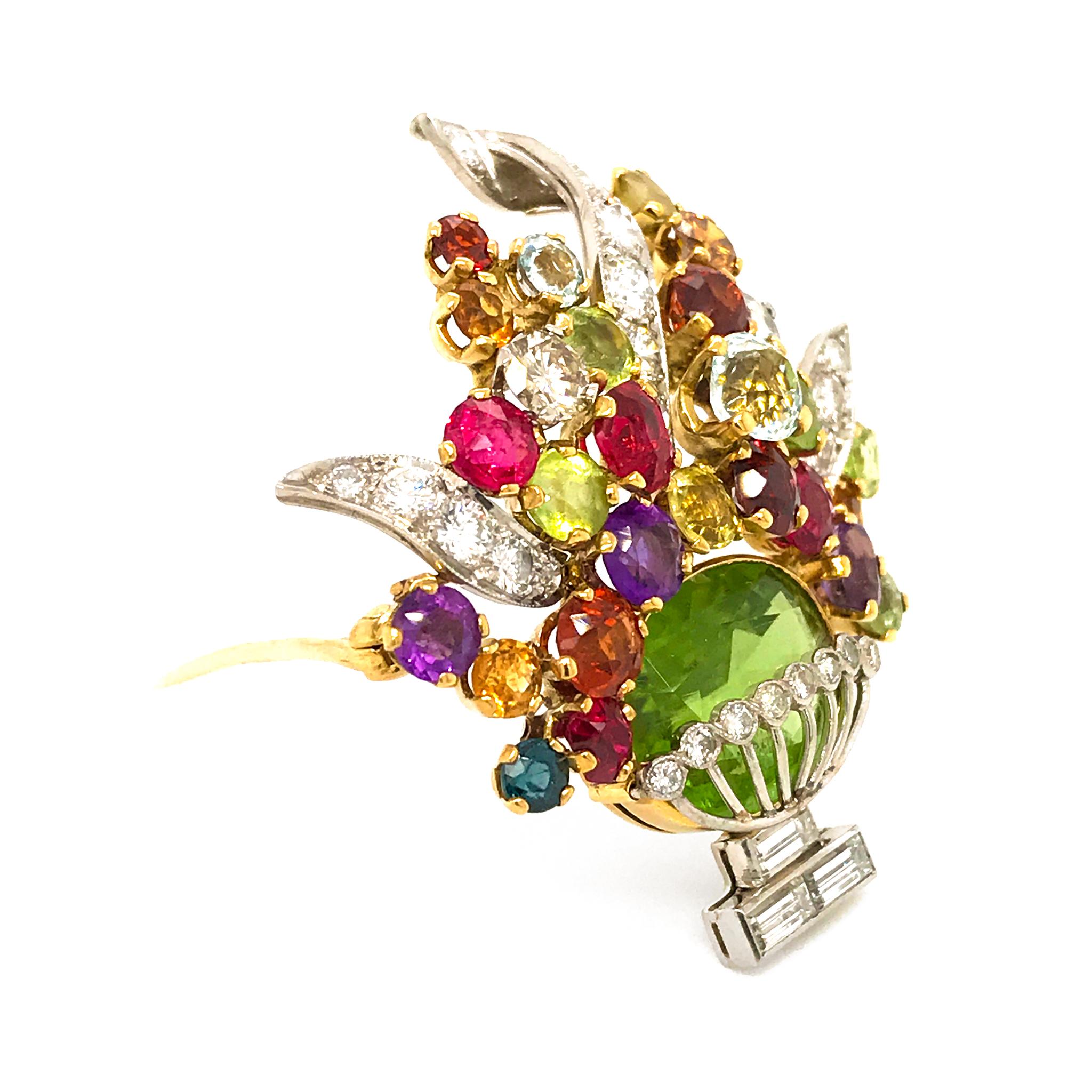 18 Karat Yellow Gold Tutti Fruti Bouquet Multicolored Gemstones Brooch 1