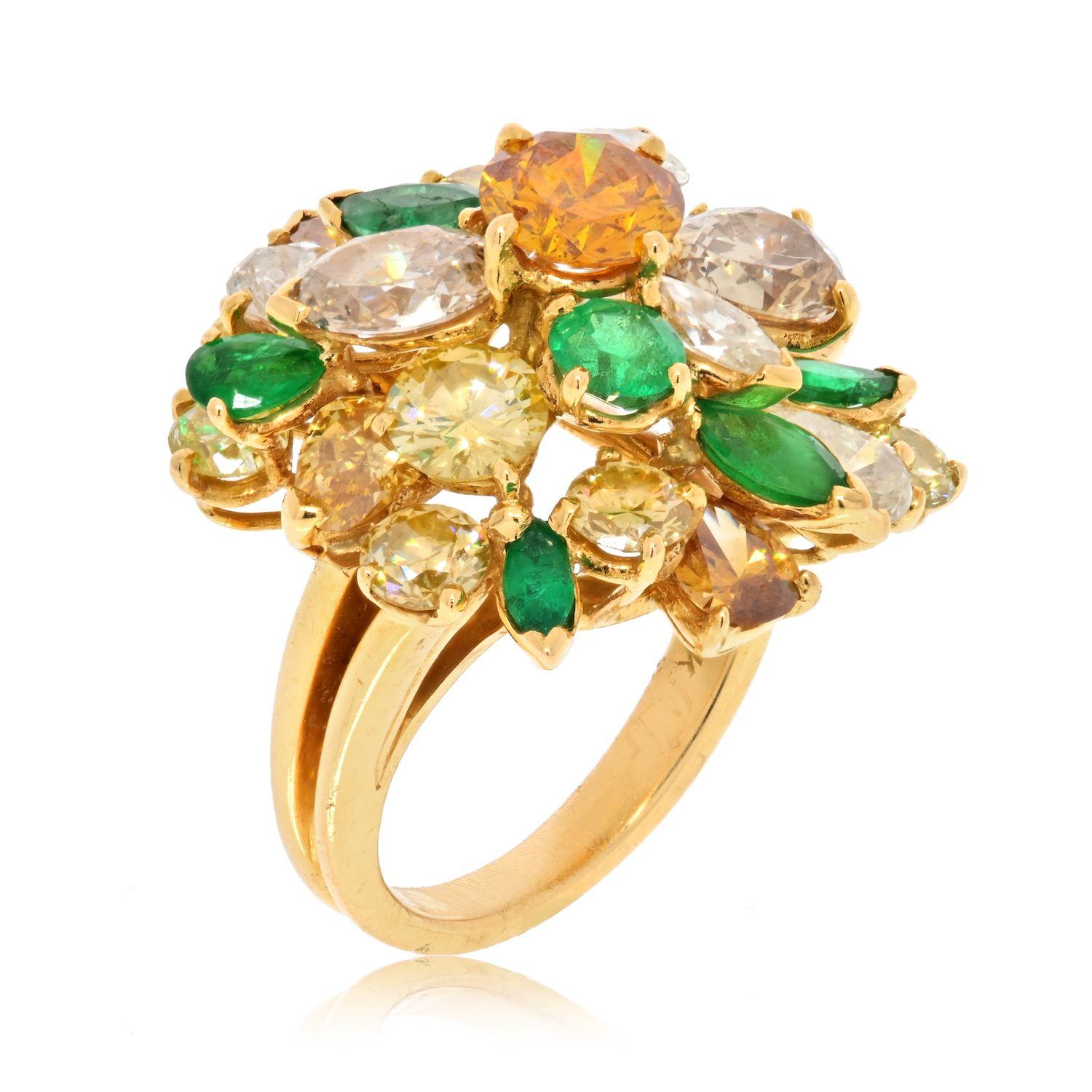 Round Cut 18K Yellow Gold Tutti Frutti Diamond and Color Stones Ring For Sale