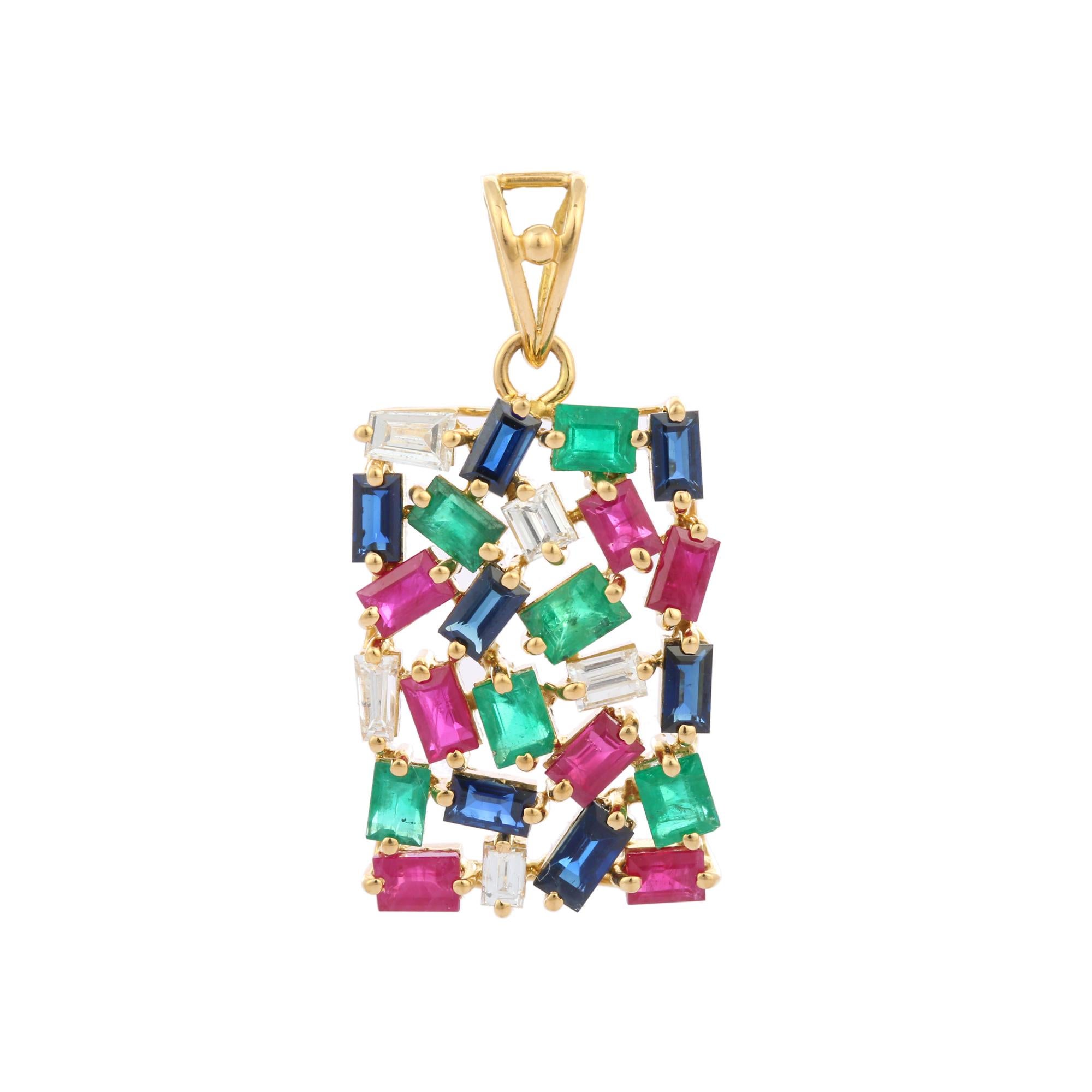 Multi color tutti frutti emerald, ruby and sapphire cluster pendant necklace in 18K Gold. It has a octagon and baguette cut gemstone studded with diamonds that completes your look with a decent touch. Pendants are used to wear or gifted to represent