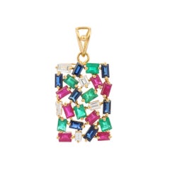 18K Yellow Gold Tutti Frutti Pendant with 4.9 ct Emerald Ruby Sapphire & Diamond