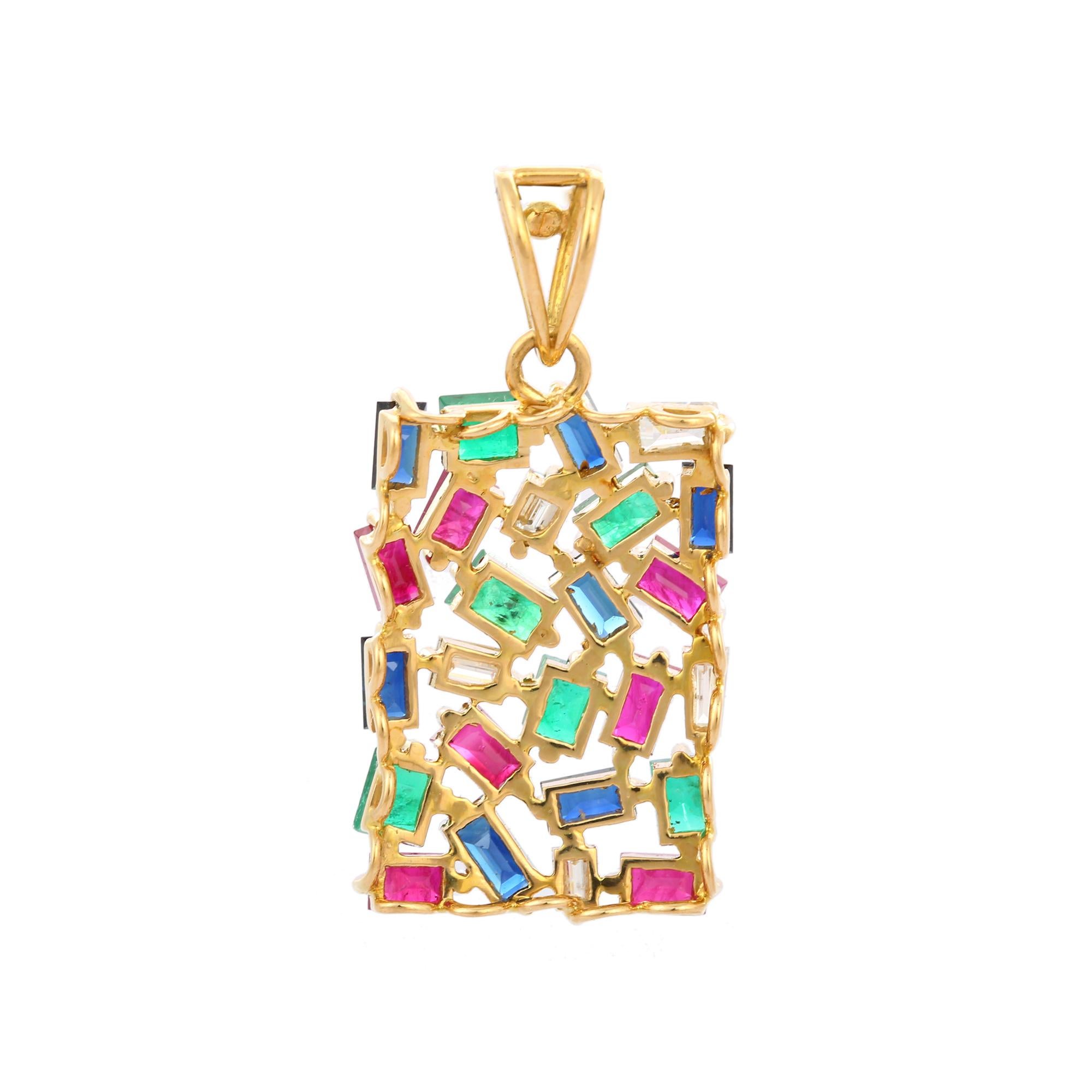 Mixed Cut 18K Yellow Gold Tutti Frutti Pendant with 4.9 ct Emerald Ruby Sapphire & Diamond For Sale