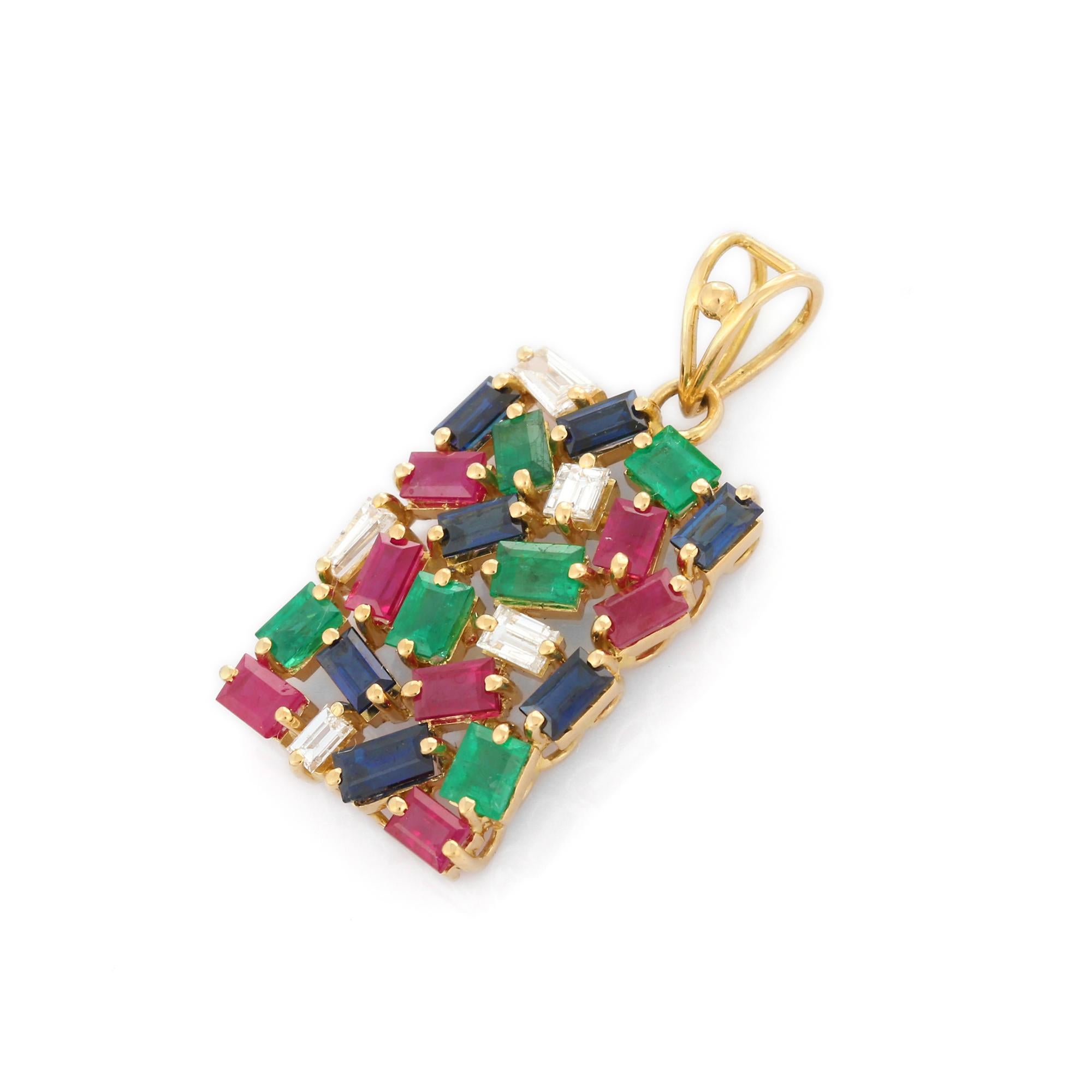 18K Yellow Gold Tutti Frutti Pendant with 4.9 ct Emerald Ruby Sapphire & Diamond In New Condition For Sale In Houston, TX