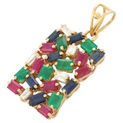 18K Yellow Gold Tutti Frutti Pendant with 4.9 ct Emerald Ruby Sapphire & Diamond