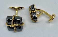 18 Karat Yellow Gold Twist Rope and Hematite Cufflinks by Louis Tamis
