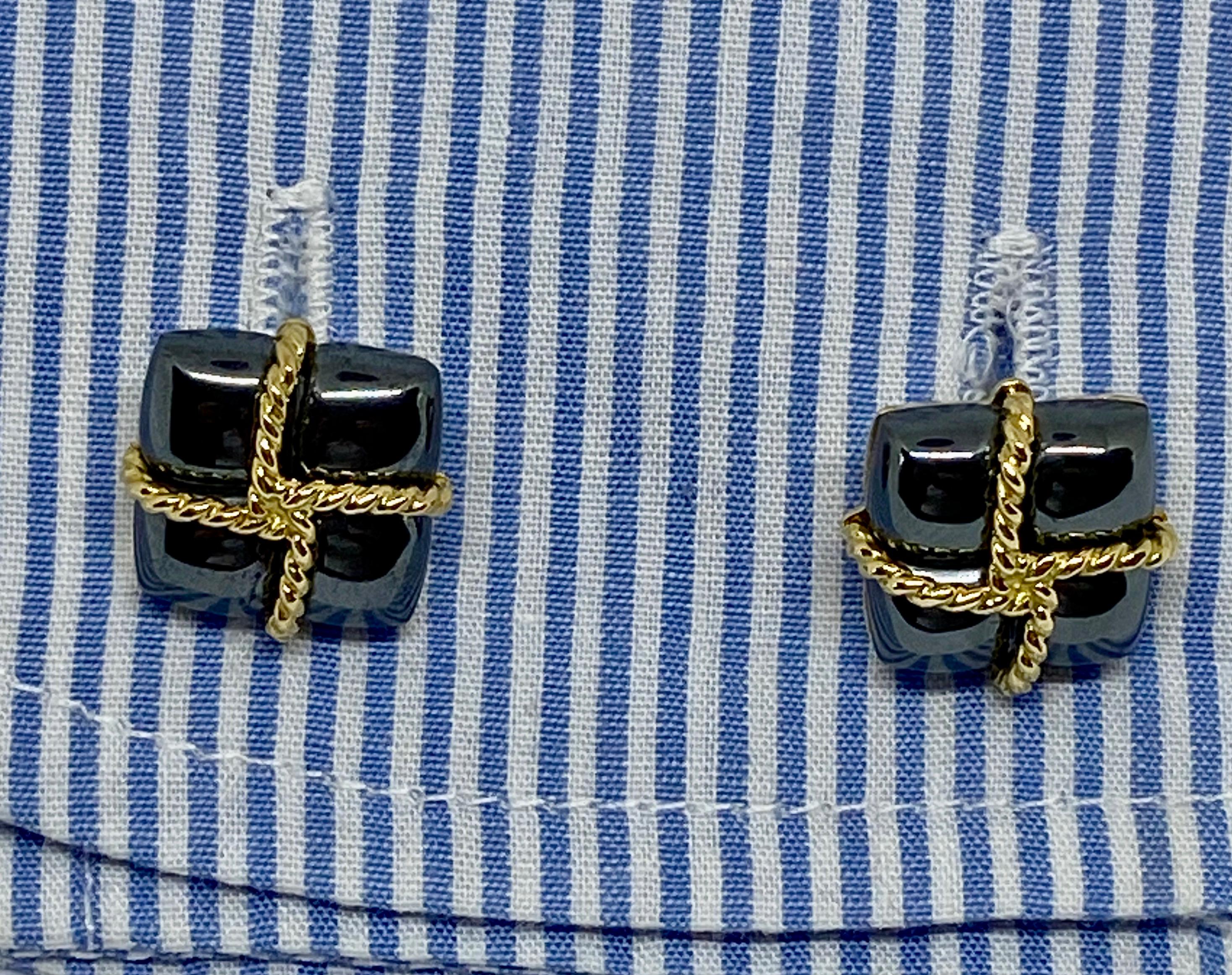 Contemporary 18 Karat Yellow Gold Twist Rope and Hematite Cufflinks by Louis Tamis For Sale