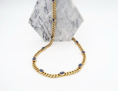 18 Karat Gold Twisted Curb Chain Necklace with Bezel-Set Oval Cabochon Sapphires