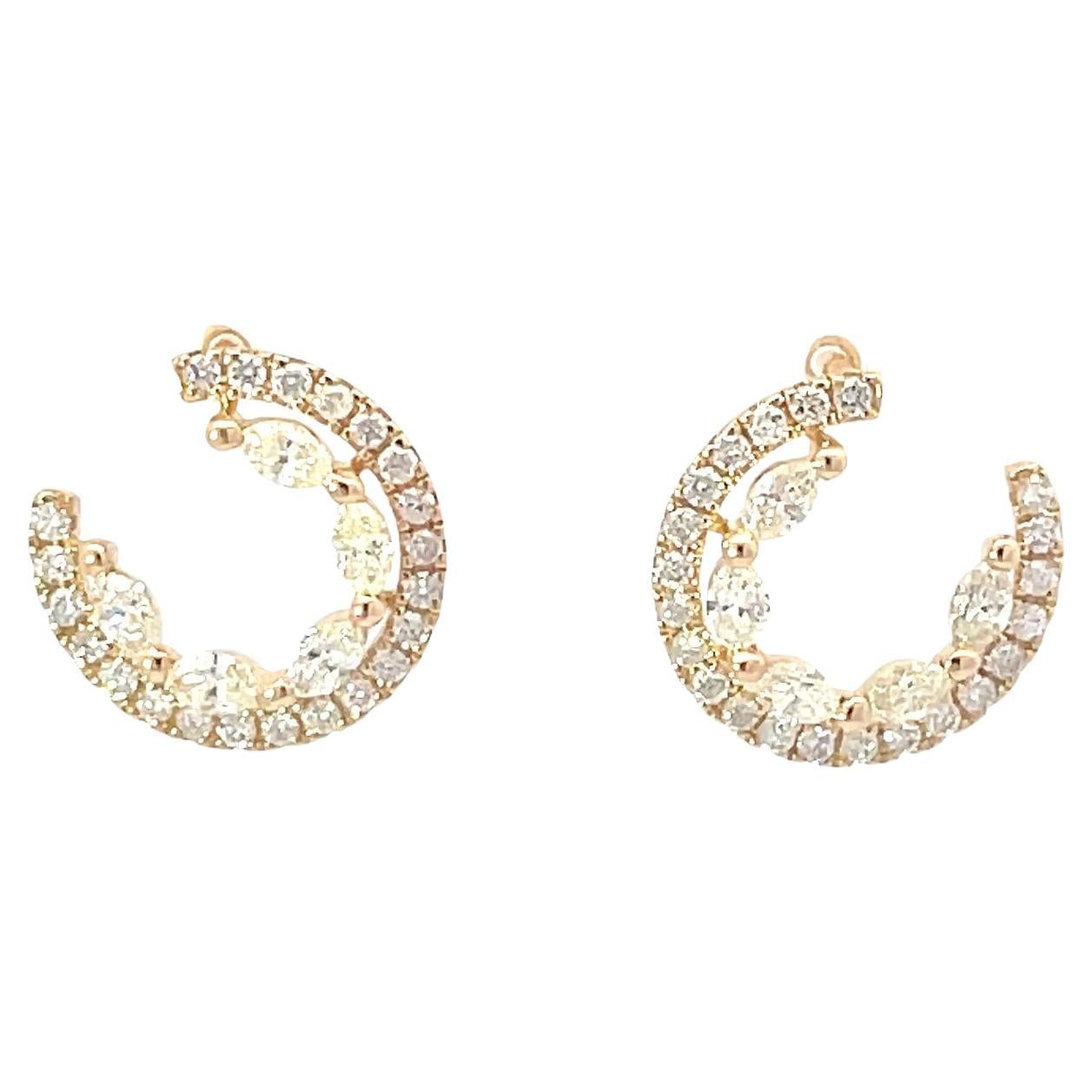 18K Yellow Gold Twisted Hoop Earrings with Round Brilliant and Marquise Diamonds For Sale