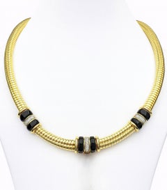 18K Yellow Gold Twisted Tubogas Onyx and Diamond Necklace