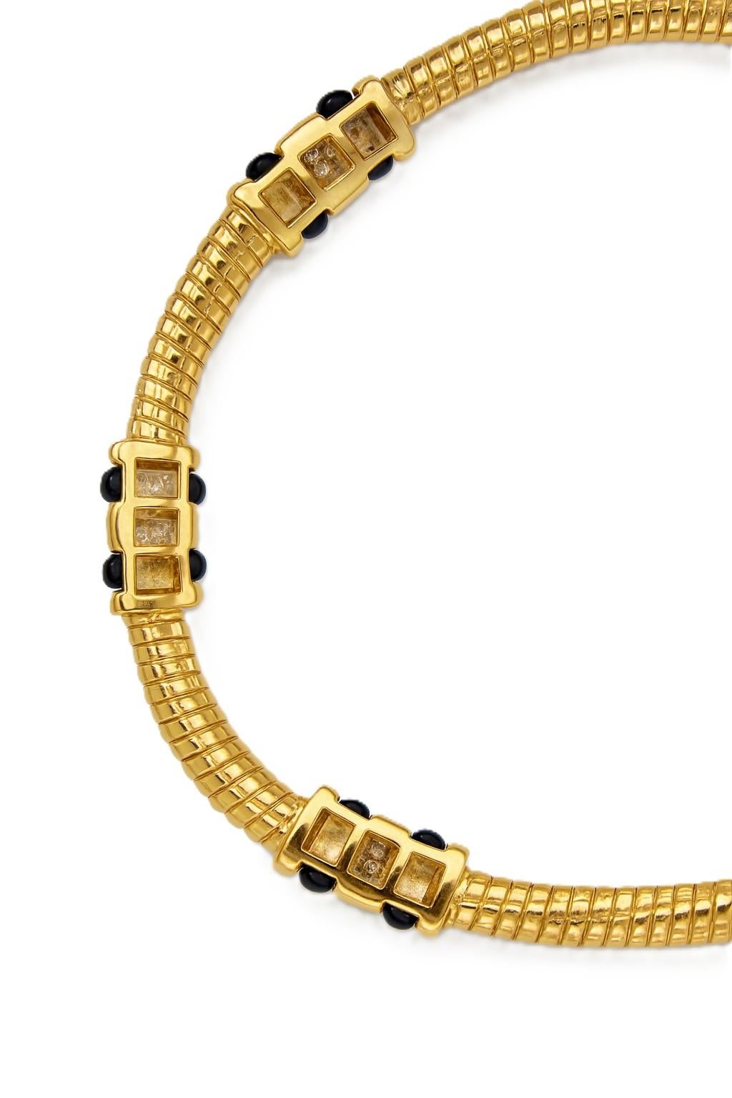Women's 18K Yellow Gold Twisted Tubogas Onyx and Diamond Necklace For Sale