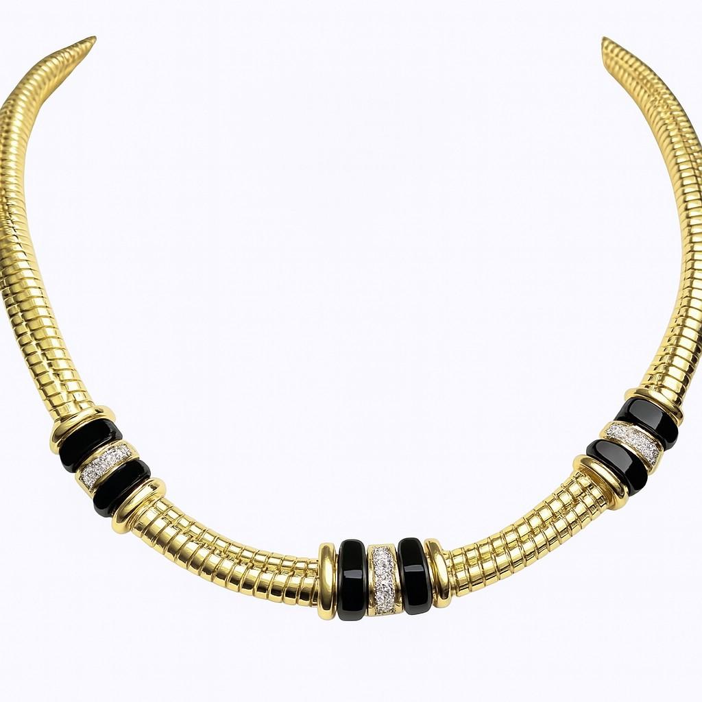 18K Yellow Gold Twisted Tubogas Onyx and Diamond Necklace For Sale 1