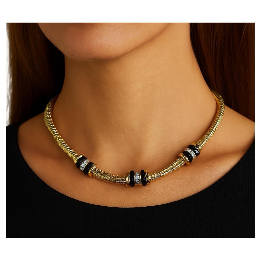 18K Yellow Gold Twisted Tubogas Onyx and Diamond Necklace For Sale