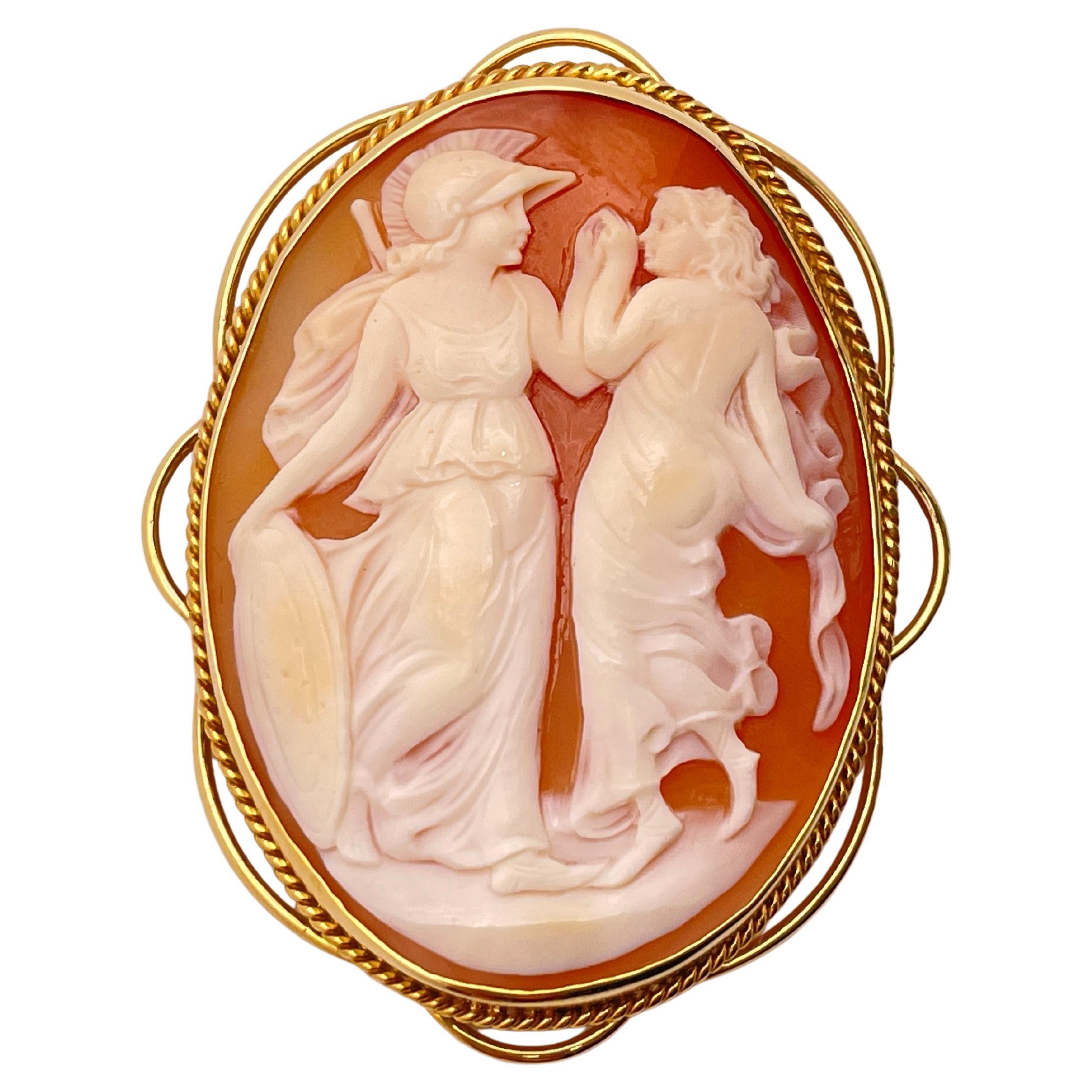 18K Yellow Gold Two Roman Graces Shell Cameo Pendant Brooch Pin