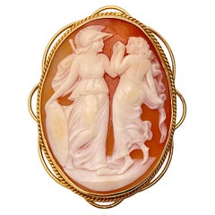 18K Yellow Gold Two Roman Graces Shell Cameo Pendant Brooch Pin