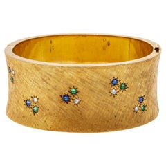 18K Yellow Gold Ultra Wide Diamond, Sapphire and Emerald Bangle Bracelet