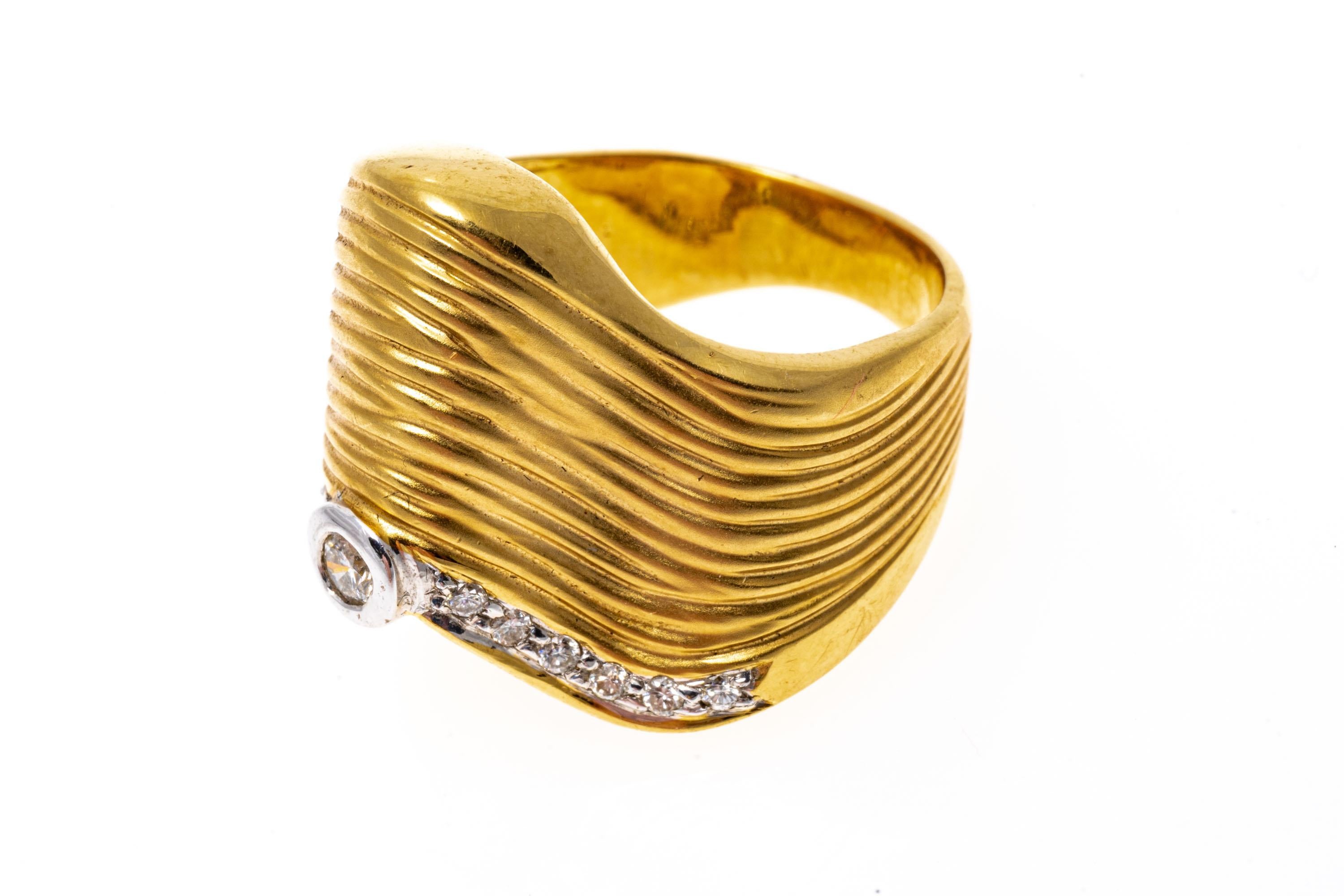 18k Yellow Gold Ultra Wide Free Form Diamond Set Wave Ring, App. 0.16 TCW For Sale 1