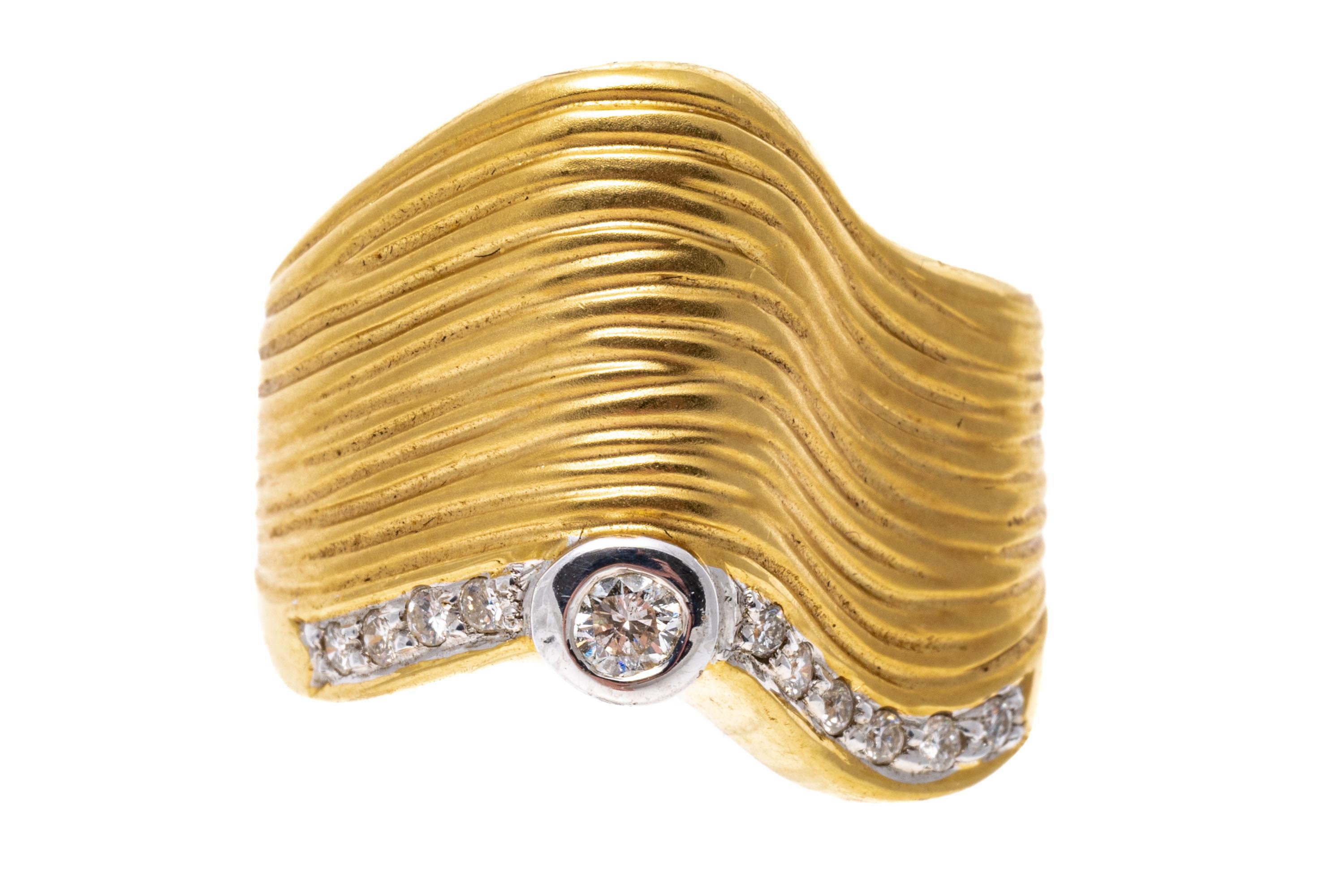 18k Yellow Gold Ultra Wide Free Form Diamond Set Wave Ring, App. 0.16 TCW For Sale 2