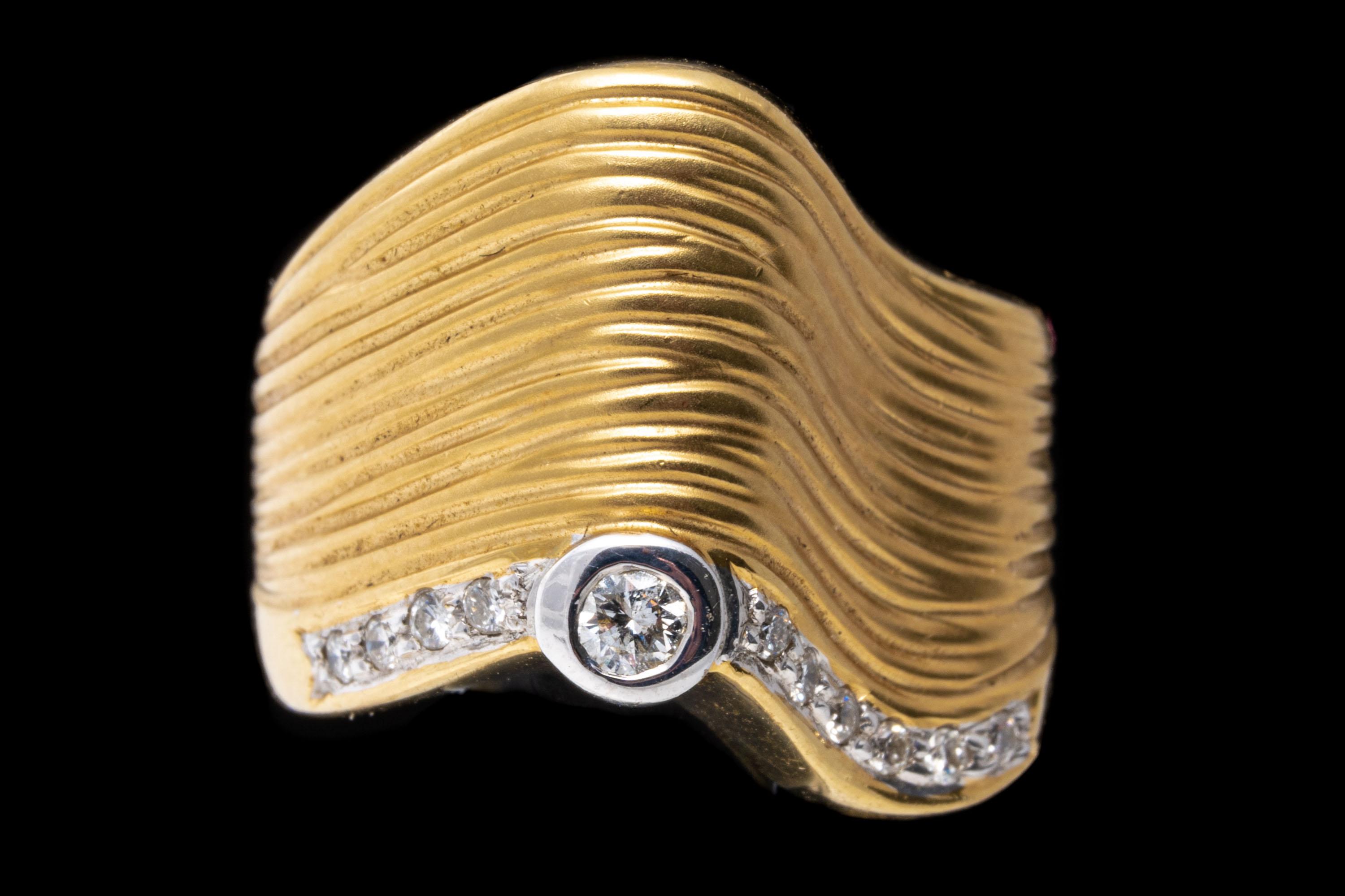 18k Yellow Gold Ultra Wide Free Form Diamond Set Wave Ring, App. 0.16 TCW For Sale 3