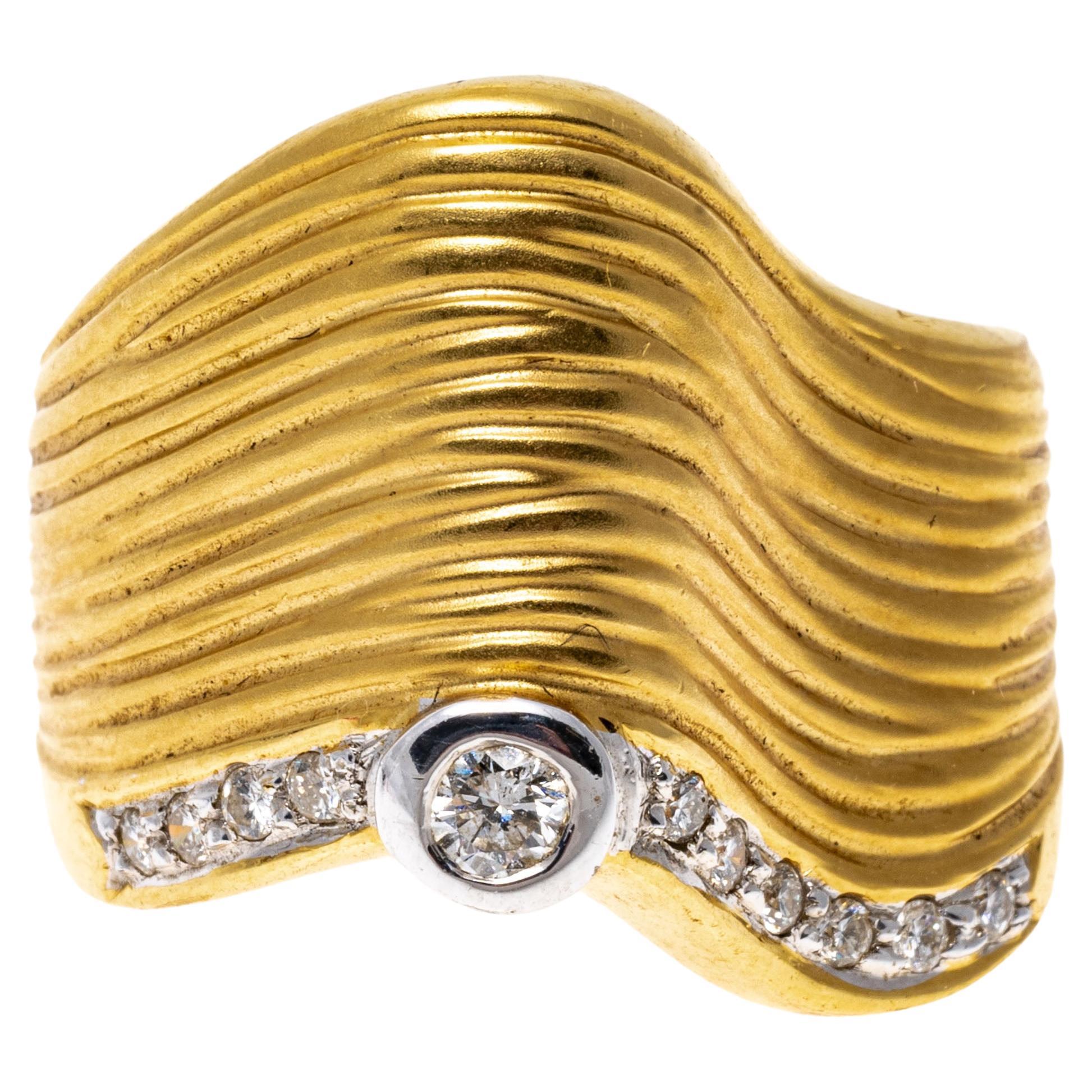 18k Yellow Gold Ultra Wide Free Form Diamond Set Wave Ring, App. 0.16 TCW