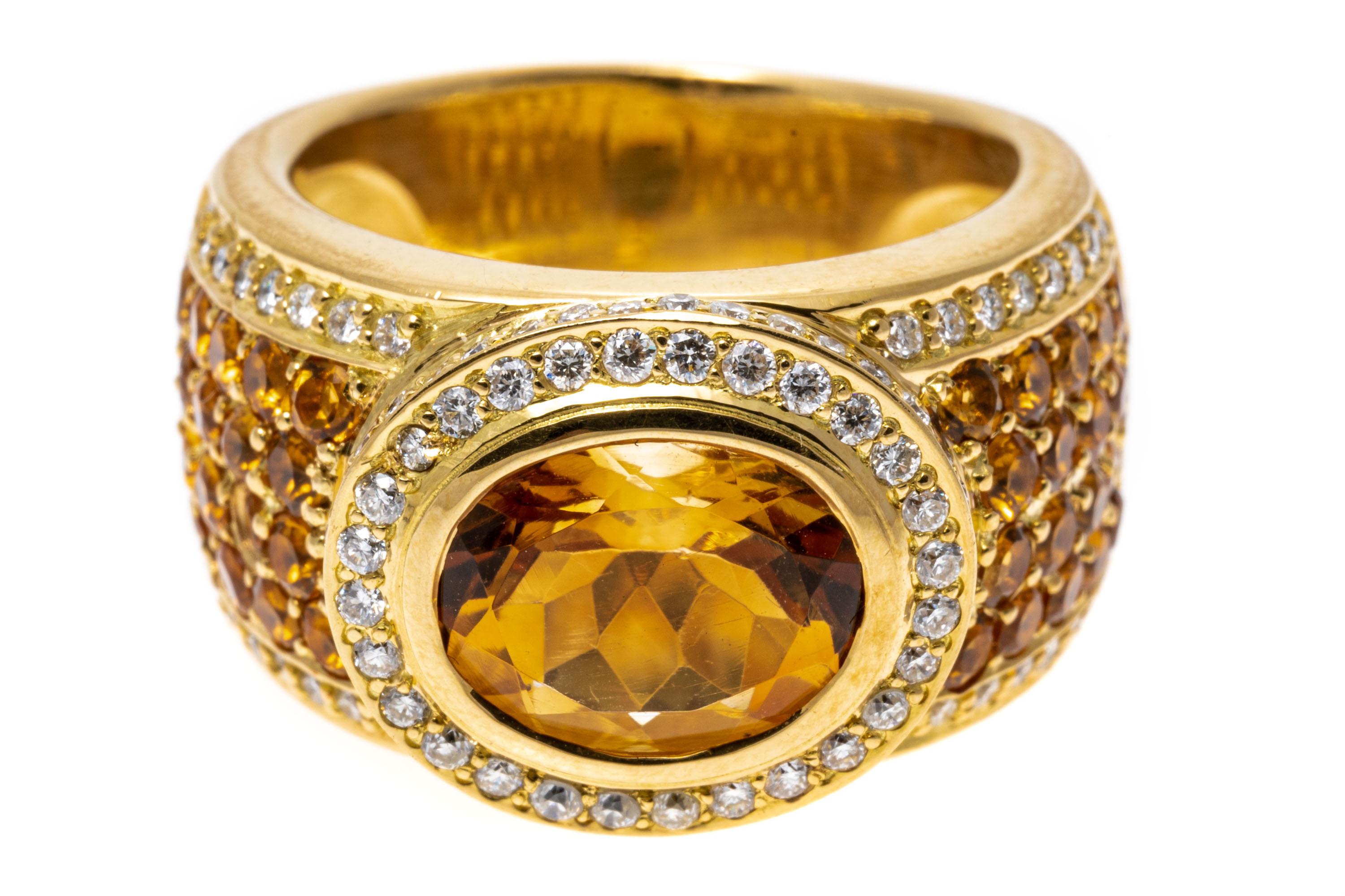 Contemporary 18k Yellow Gold Ultra Wide Horizontal Citrine and Diamond Dome Ring For Sale