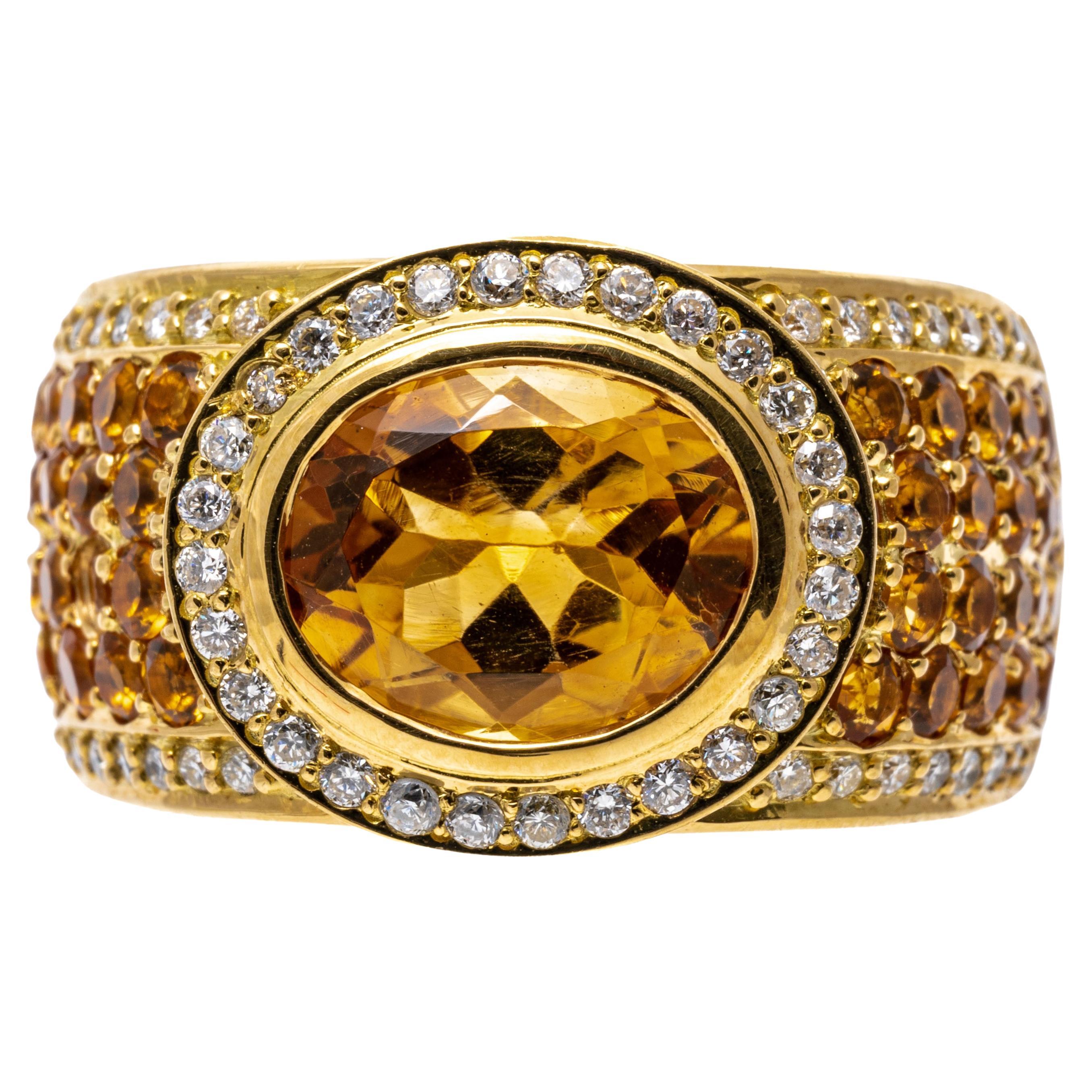 18k Yellow Gold Ultra Wide Horizontal Citrine and Diamond Dome Ring For Sale