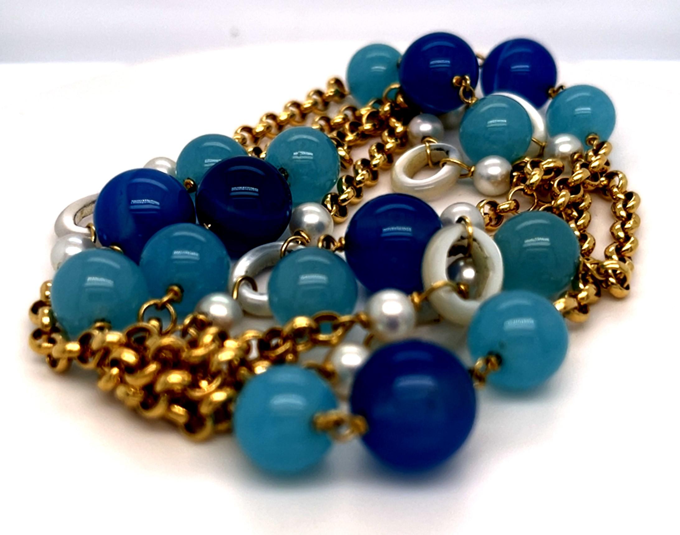 Perle Collier en or jaune 18k avec calcédoine teintée et perles de culture 36