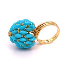 18k Yellow Gold Unique Marquise Turquoise Bombe Ring Size 6.75 Diamond Accent