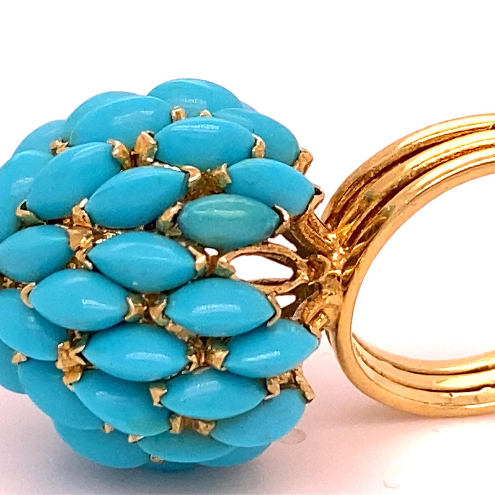 Modern 18k Yellow Gold Unique Marquise Turquoise Bombe Ring Size 6.75 Diamond Accent For Sale