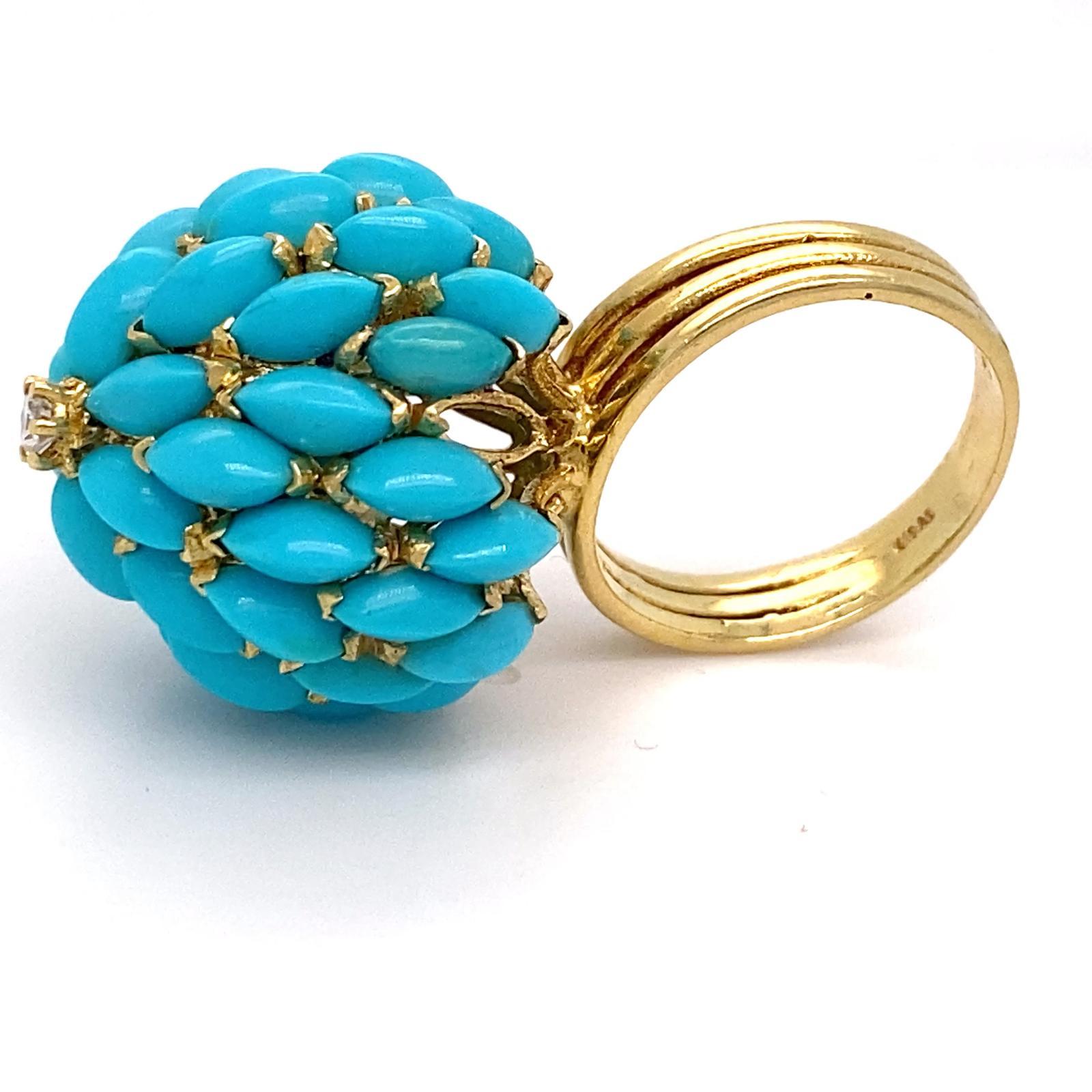 Round Cut 18k Yellow Gold Unique Marquise Turquoise Bombe Ring Size 6.75 Diamond Accent For Sale