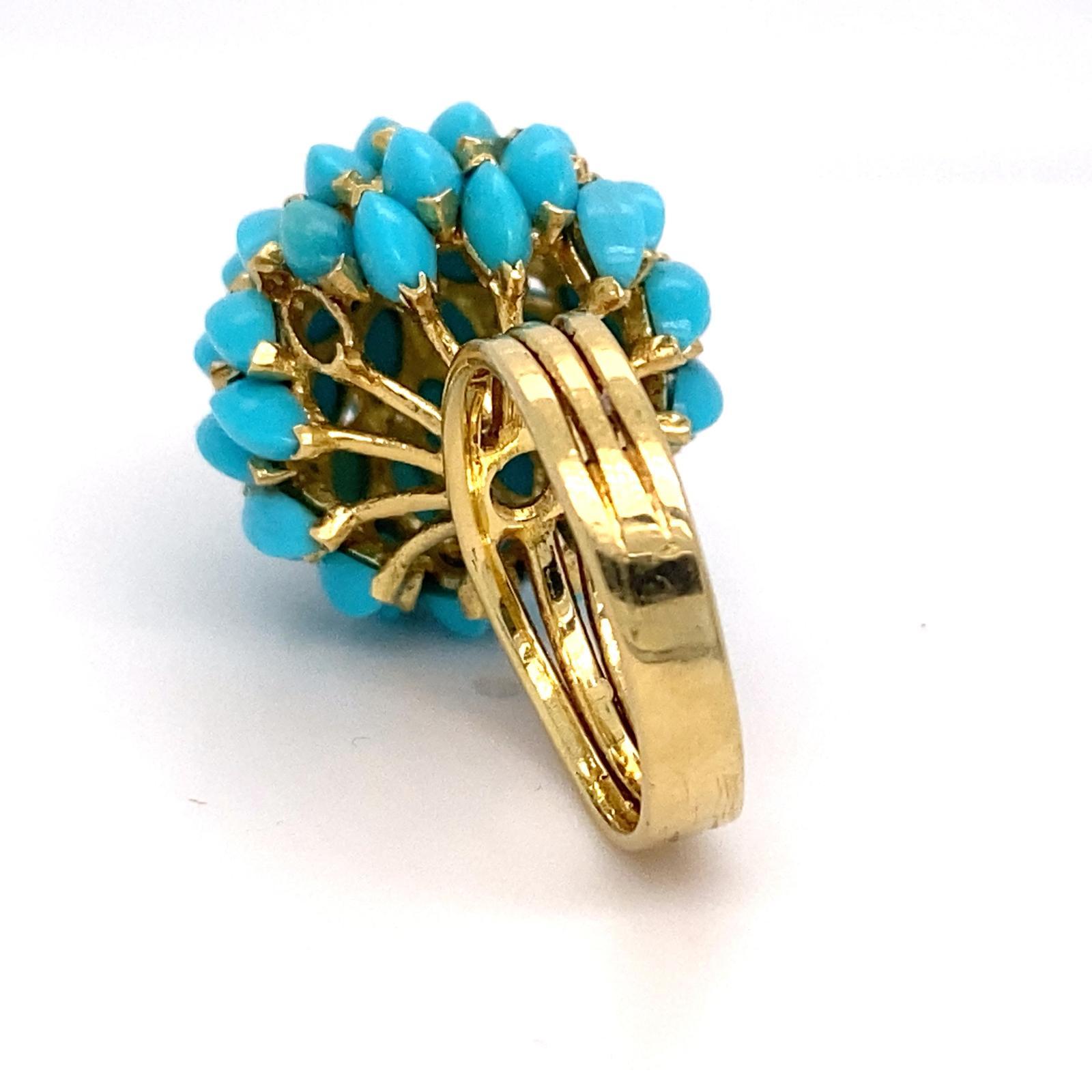 18k Yellow Gold Unique Marquise Turquoise Bombe Ring Size 6.75 Diamond Accent In Good Condition For Sale In Sherman Oaks, CA