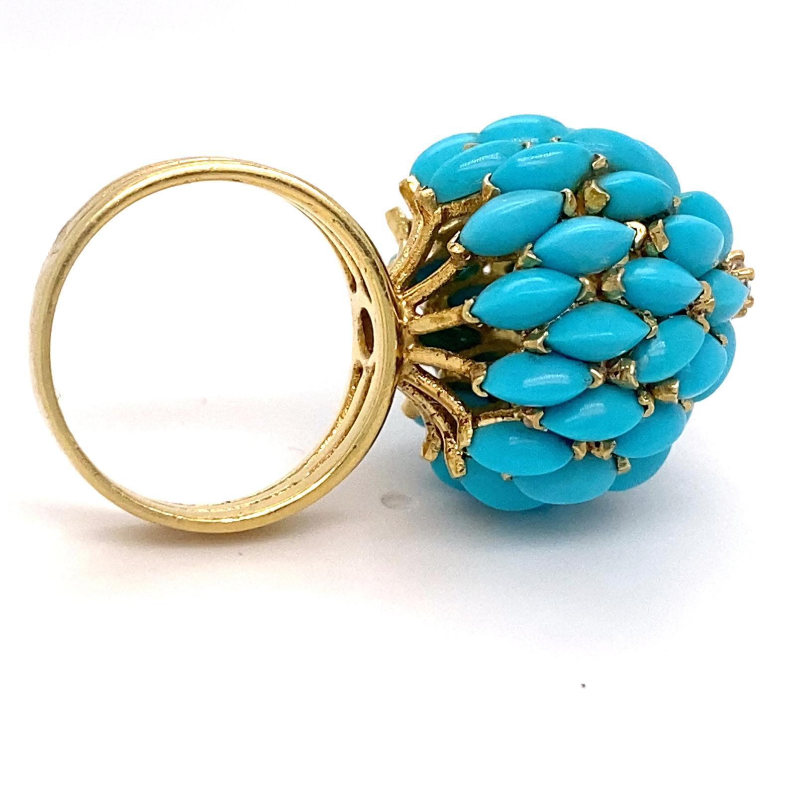 Women's or Men's 18k Yellow Gold Unique Marquise Turquoise Bombe Ring Size 6.75 Diamond Accent For Sale