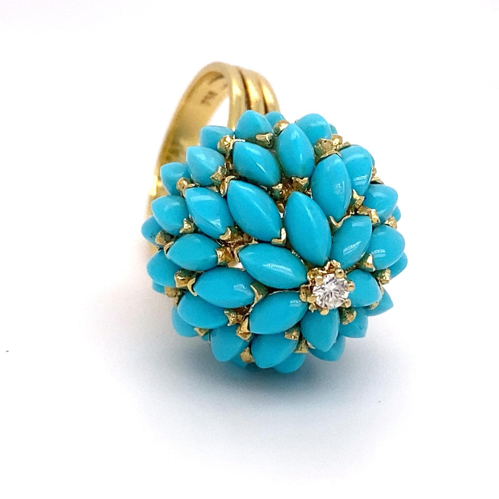 18k Yellow Gold Unique Marquise Turquoise Bombe Ring Size 6.75 Diamond Accent For Sale 1