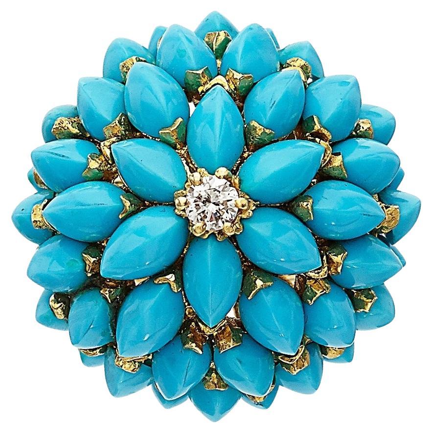 18 Karat Gelbgold Einzigartiger Marquise Türkis Bombe-Ring Größe 6,75 Diamant-Akzent