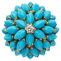 Anillo Bombe de Turquesa Marquesa Única de Oro Amarillo de 18k Tamaño 6.75 Acentuado con Diamantes