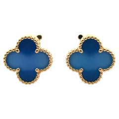18k Yellow Gold Van Cleef & Arpels Blue Agate Alhambra Earrings