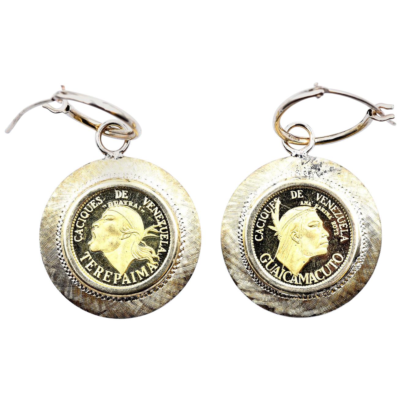 18k Yellow Gold Venezuelan Coin Earring Enhancers with 14k Yellow Gold Huggie Ho For Sale
